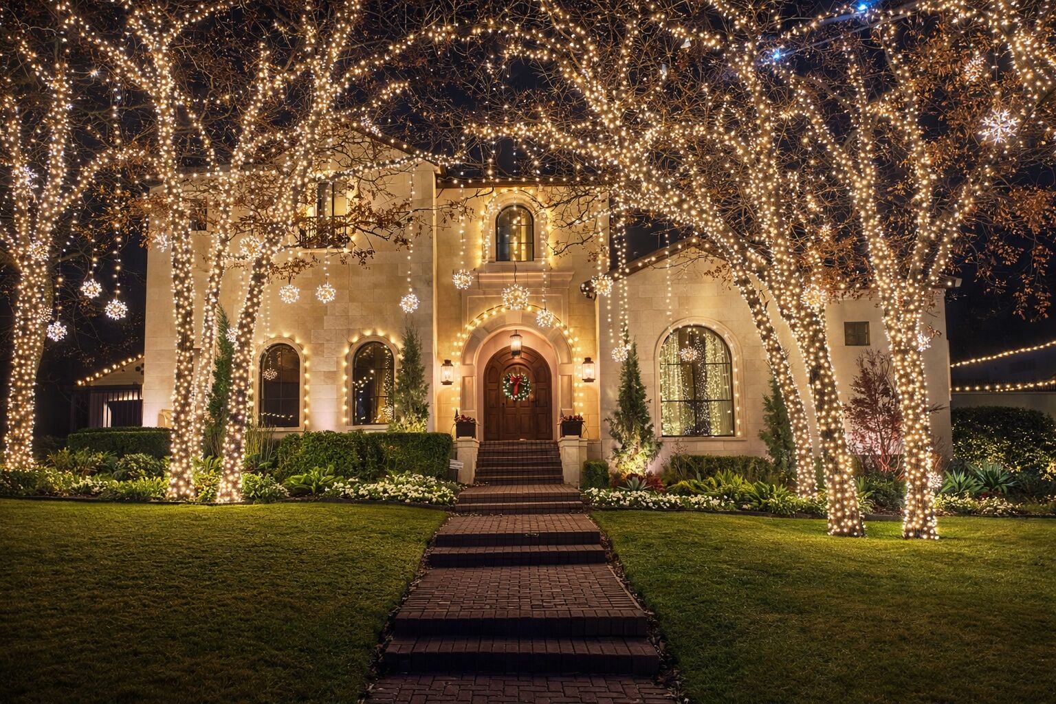 Backyard patio and pool area with layered outdoor lighting on a luxury estate