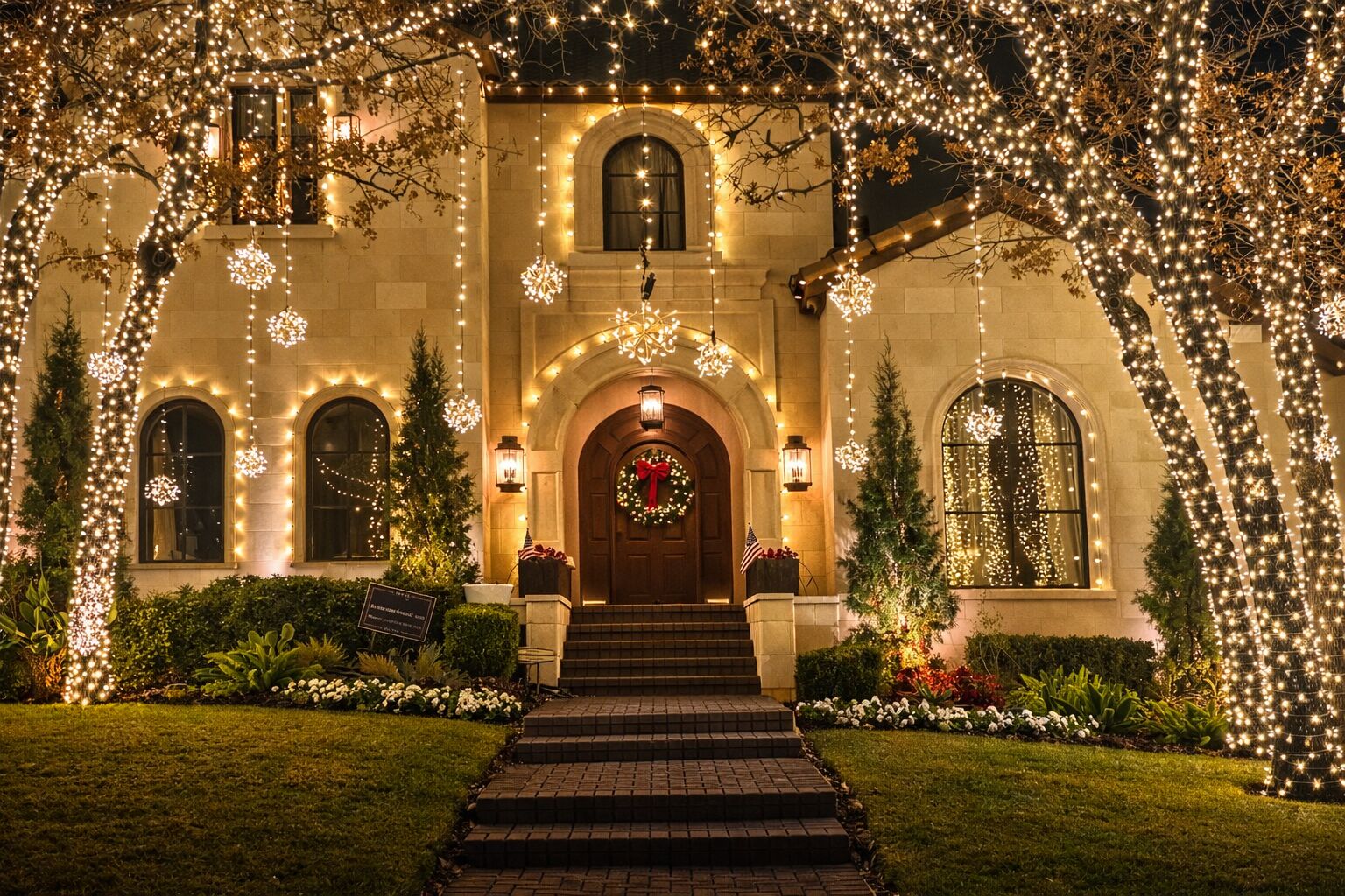 Professional Christmas lighting display on a luxury residential home