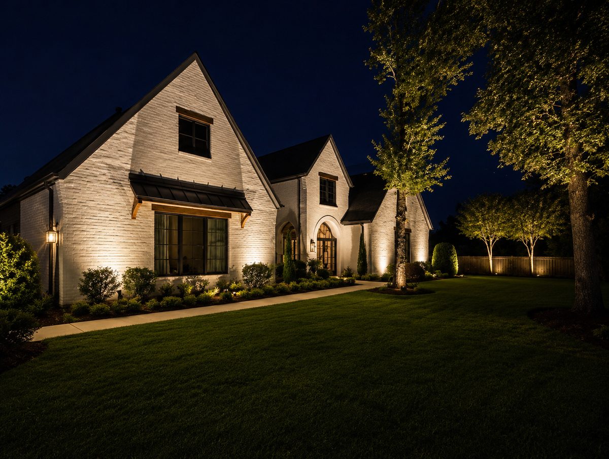 Evening curb appeal lighting on a high-end Dallas and North Texas home