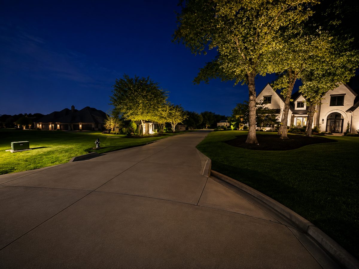 Soft foundation and bed lighting framing a modern luxury home