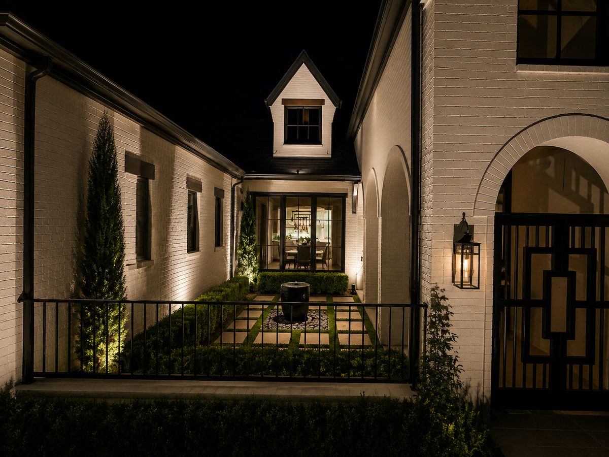 Pathway and garden lighting guiding guests to a luxury front door