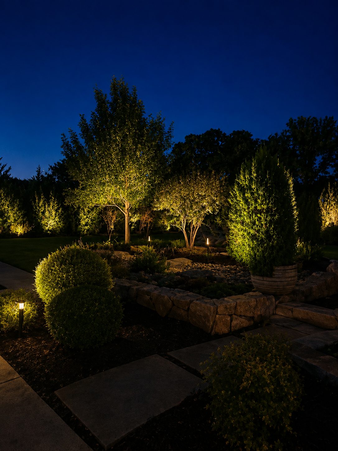 Vertical night portrait of tree-lit luxury home entry in North Texas