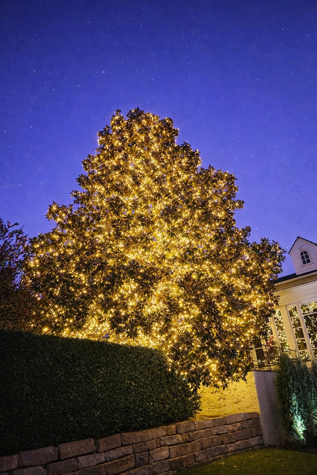 Tall evergreen and entry lighting on a two-story luxury estate