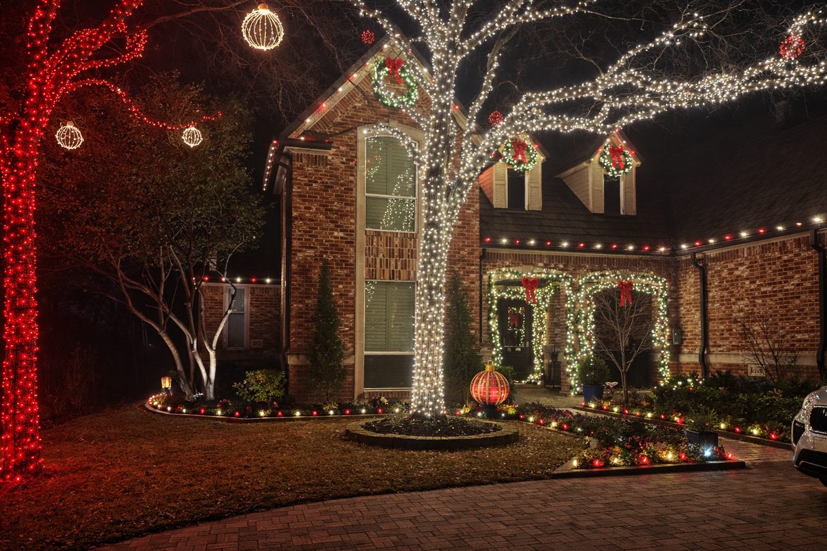 Layered Christmas and landscape lighting across the front of a home