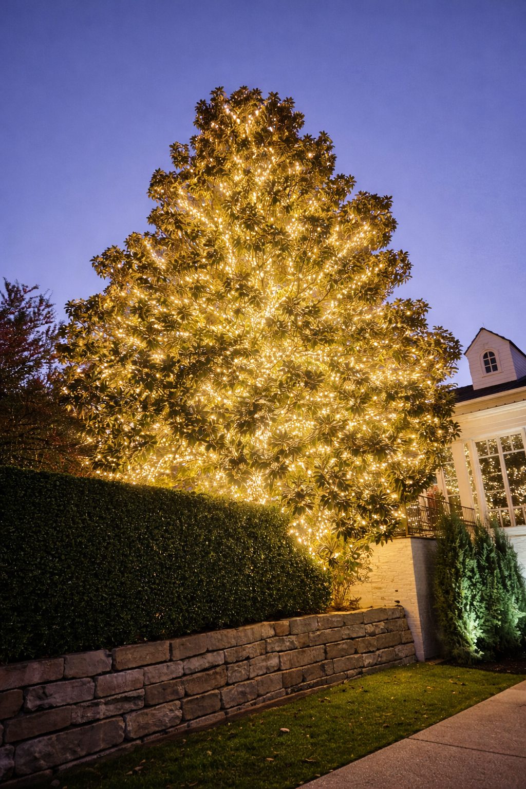 Portrait view of holiday-lit luxury home at night in North Texas