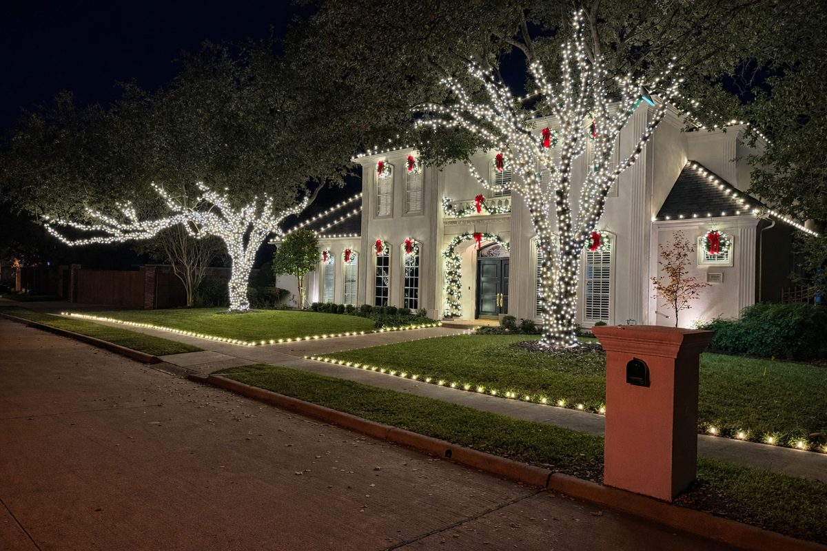 Architectural peaks highlighted with professional holiday LED lighting