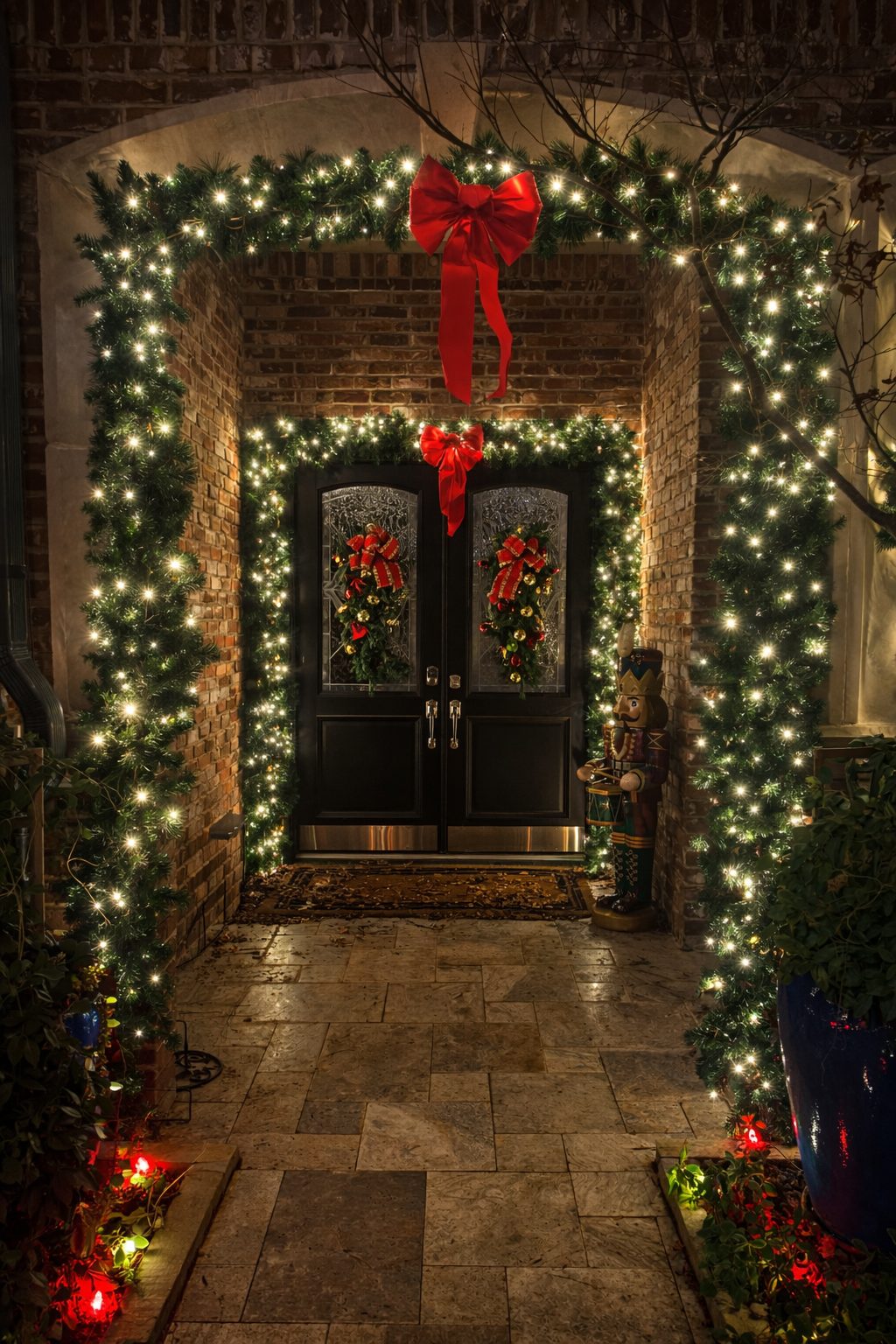 Portrait of illuminated entry columns and landscaping on a premium home