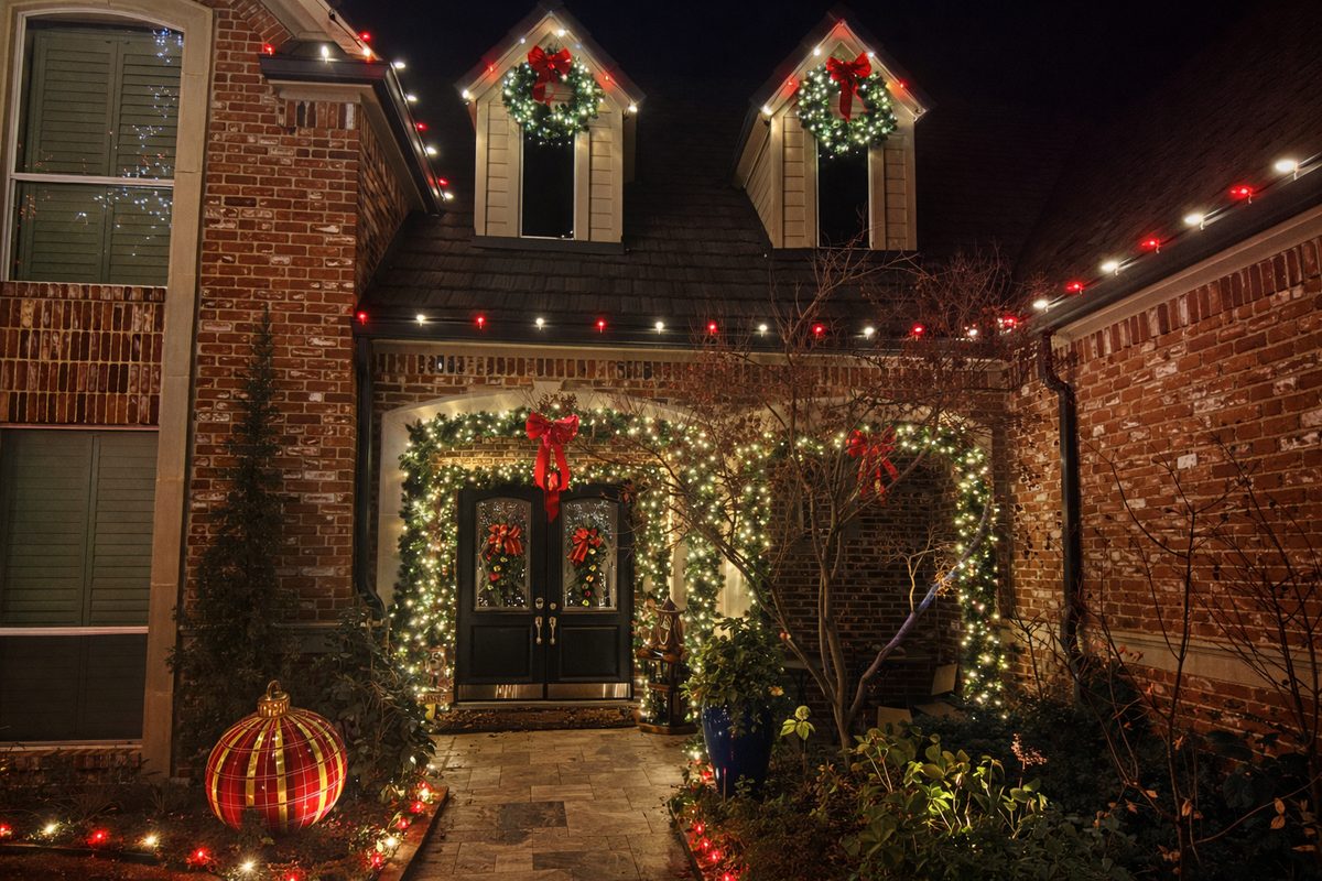 Soft uplighting on trees and stone after dark for luxury curb appeal