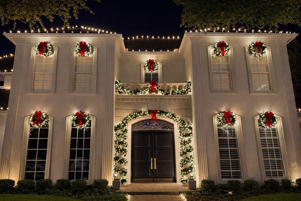Premium outdoor lighting package on a white brick Dallas-area residence