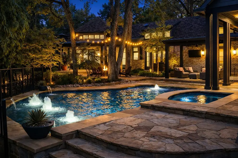 Bistro lighting with string lights over a blue pool and fountains