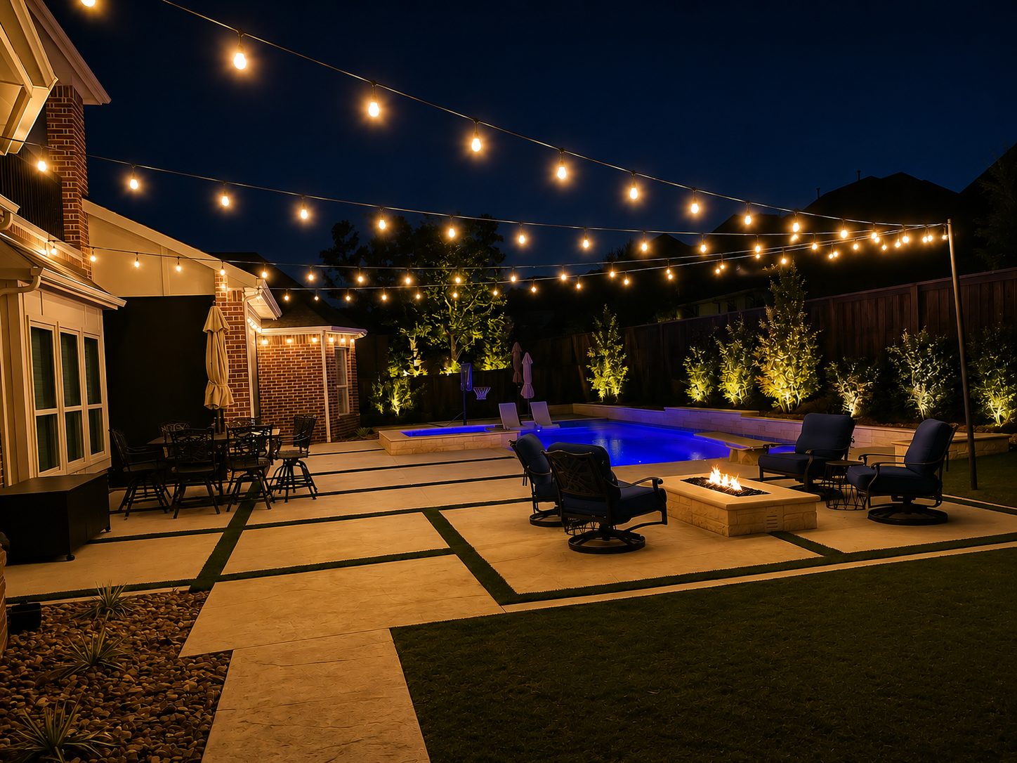 Bistro lighting with warm string lights over a pool and a fire pit