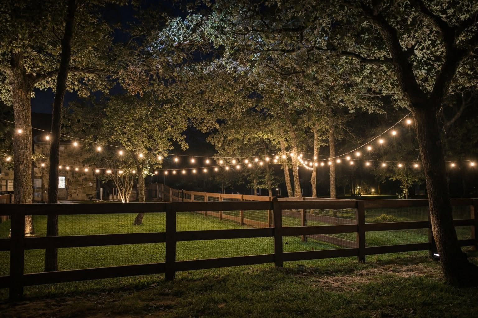 Bistro lighting with string lights in the trees along a fence