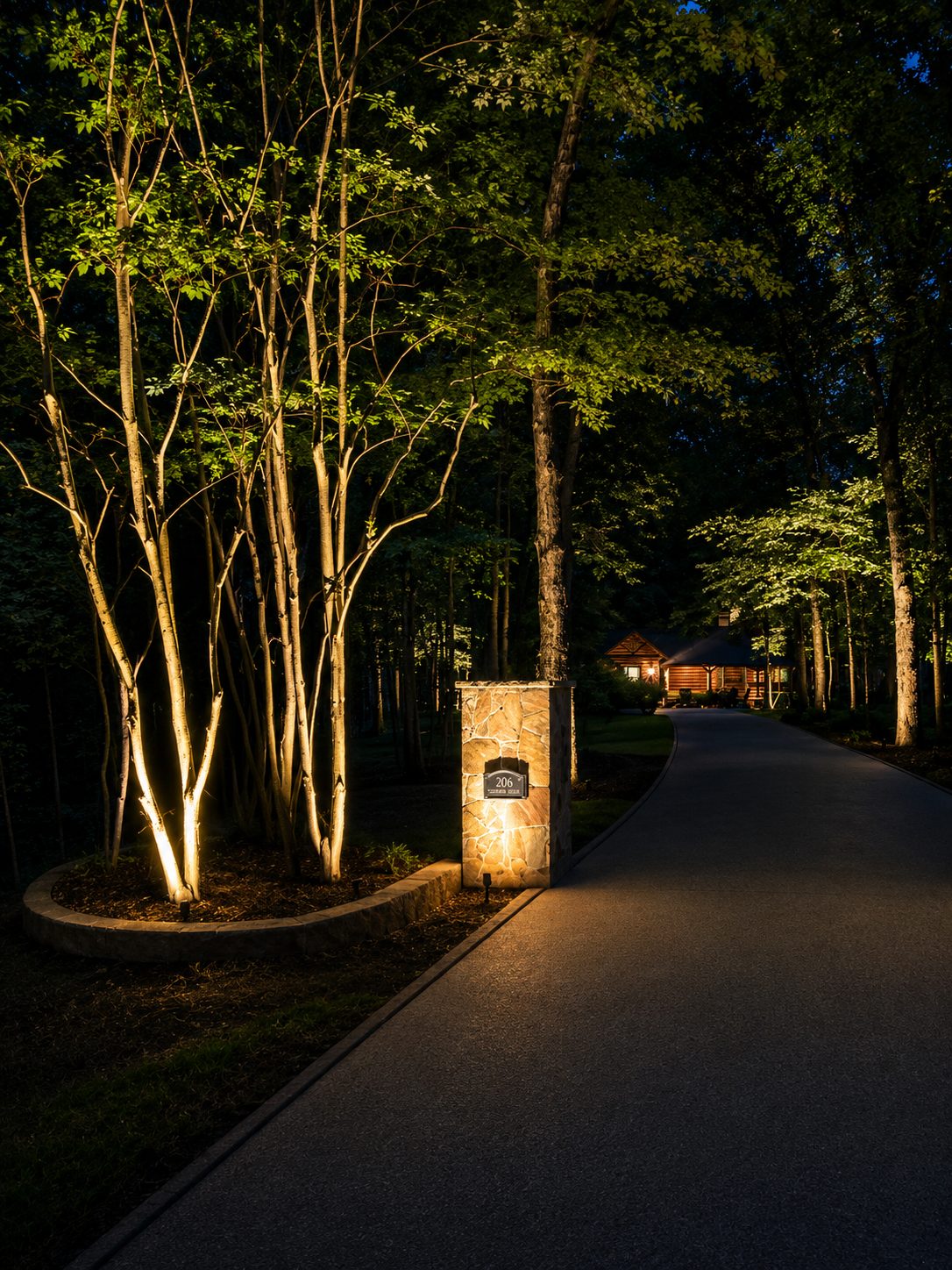 Tree uplighting on multi-trunk trees beside a lit stone pillar along a wooded drive