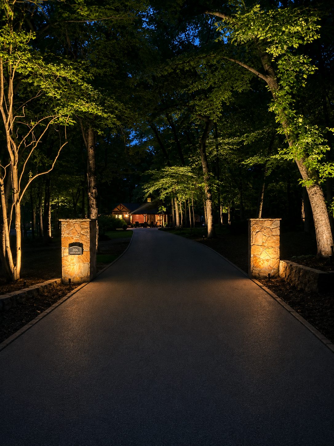 Tree uplighting along a wooded drive with twin stone pillars