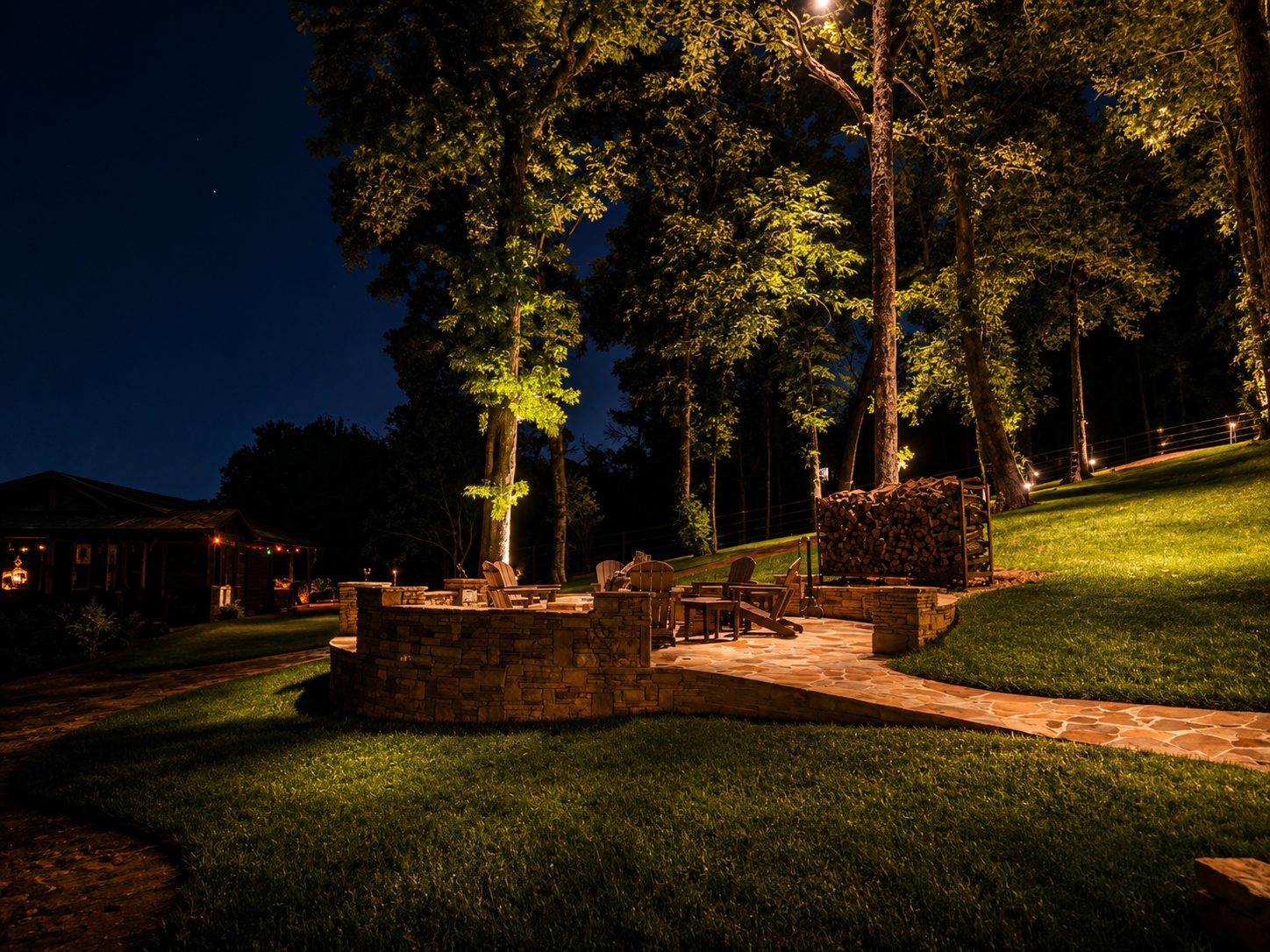 Stone fire-pit patio with a woodpile, tree uplighting, and a cabin