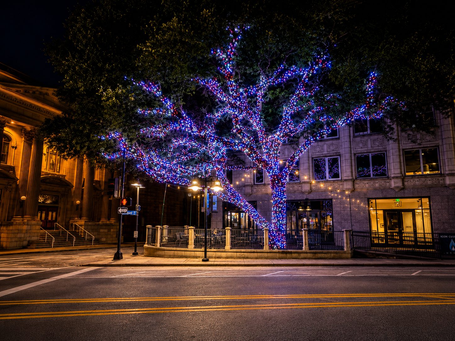 Commercial RGB Christmas lights in a yellow-green wrap on a downtown tree