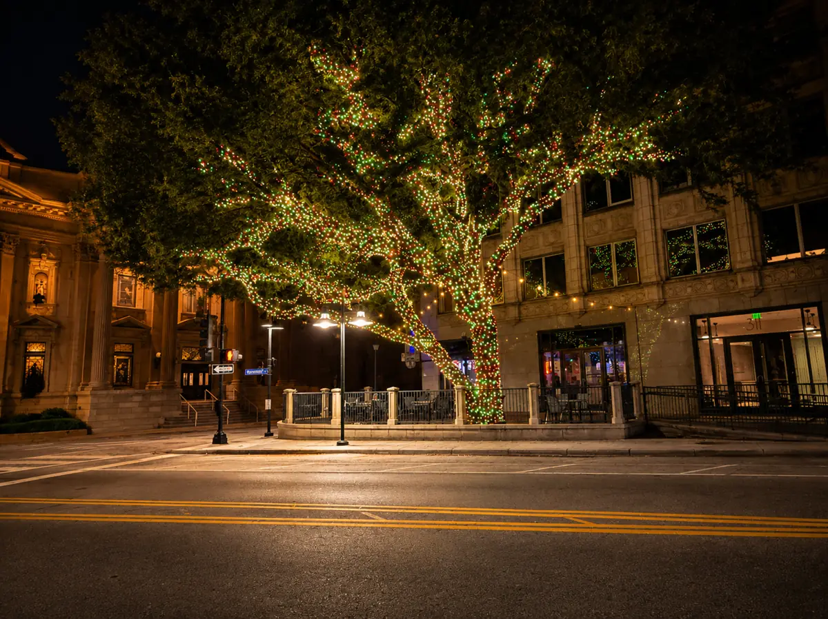 Commercial RGB tree wrap lighting downtown in warm red and green