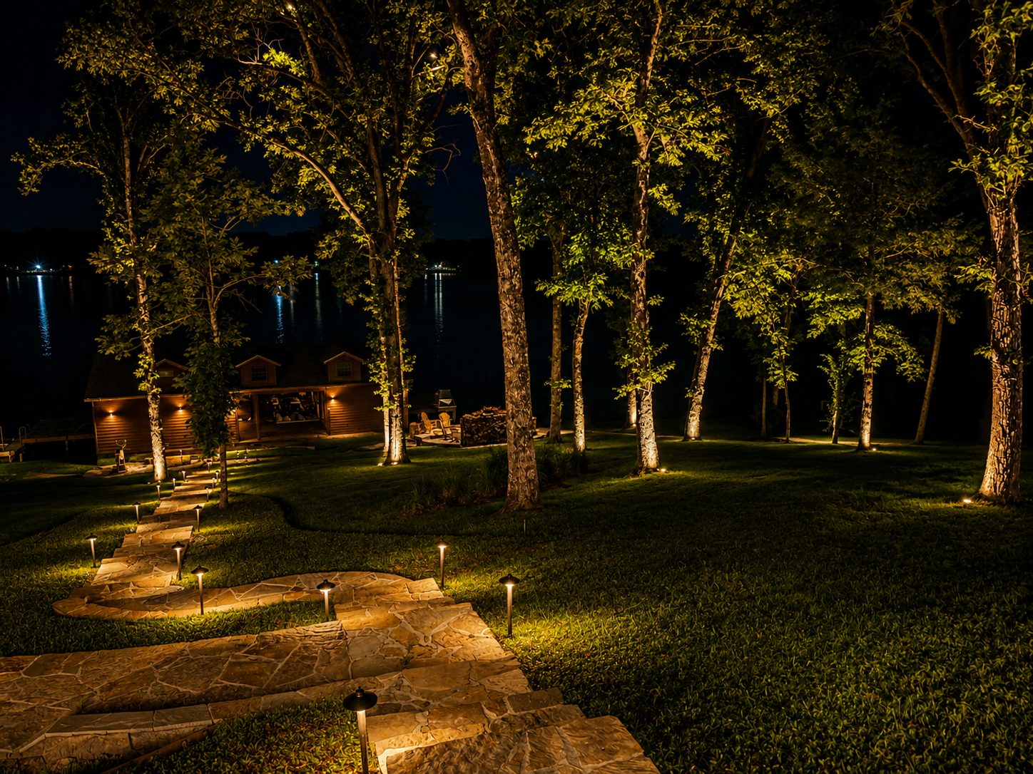 Flagstone path lights toward a boathouse, with tree uplighting