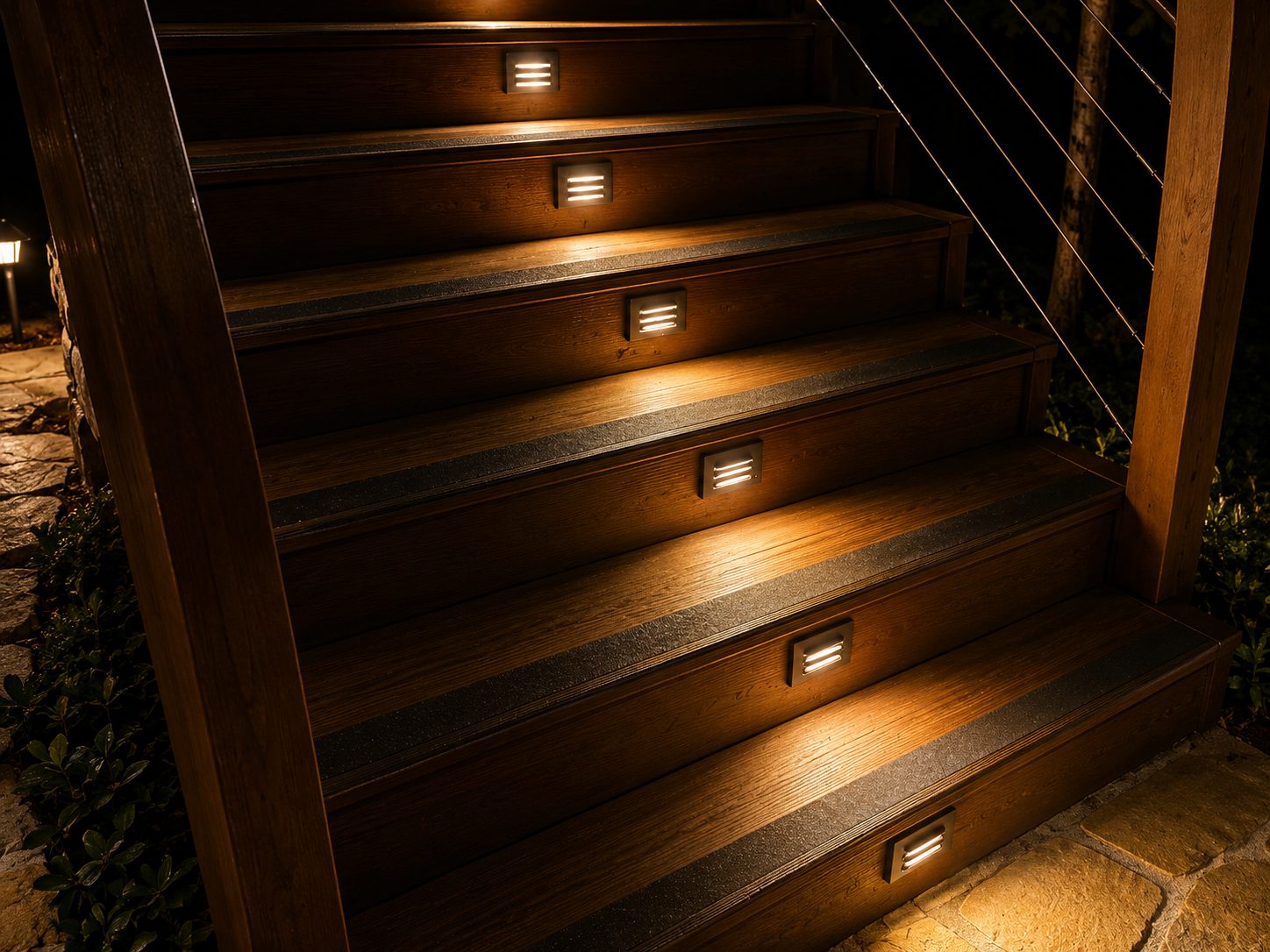 Wood stair risers with small warm lights