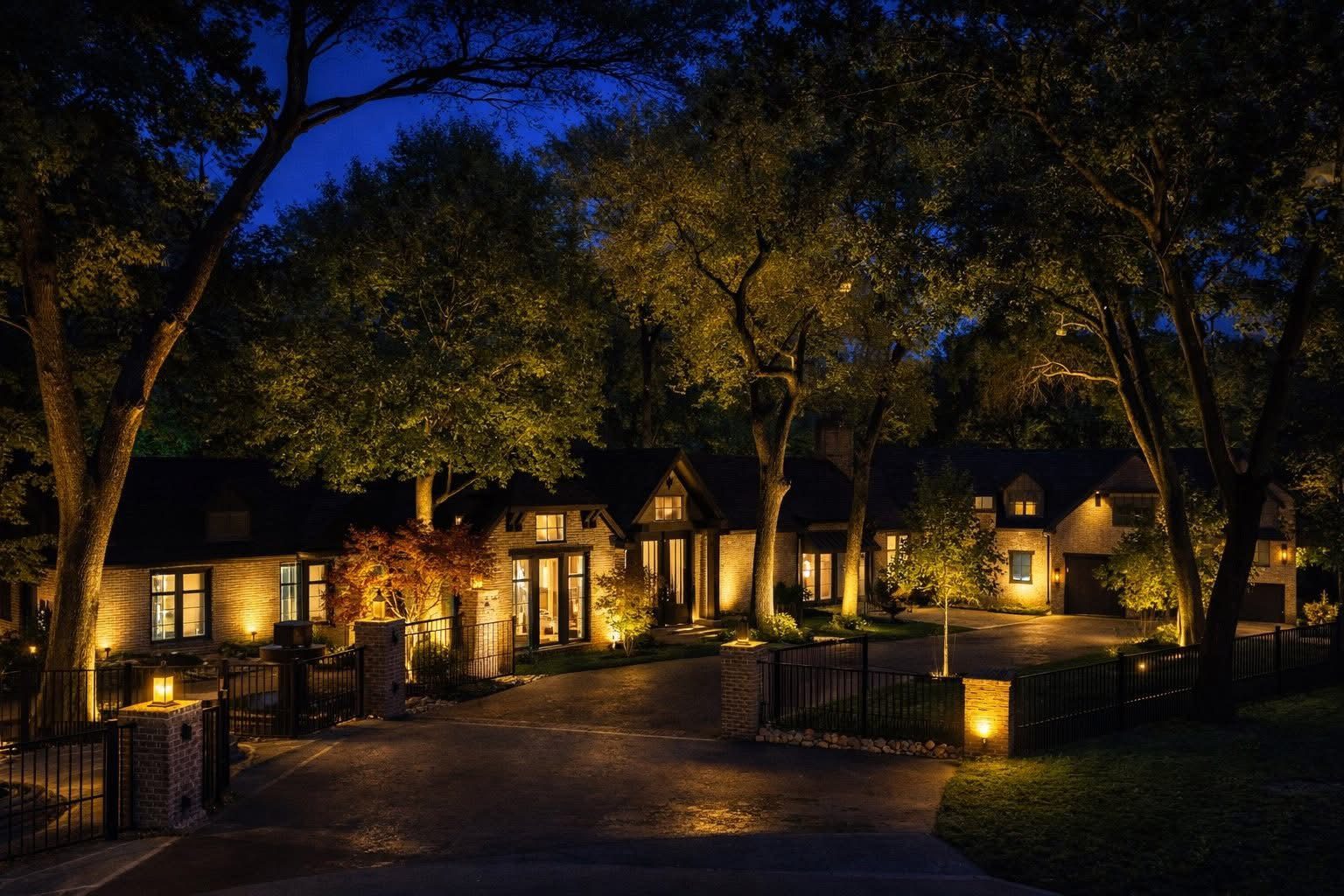 Brick home and drive under a lit tree canopy