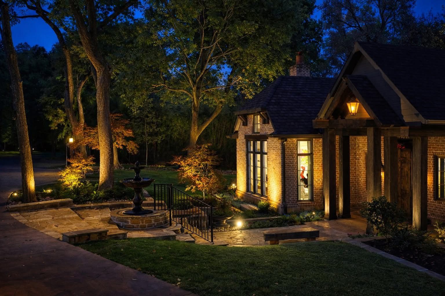 Brick cottage and fountain under a lit tree canopy