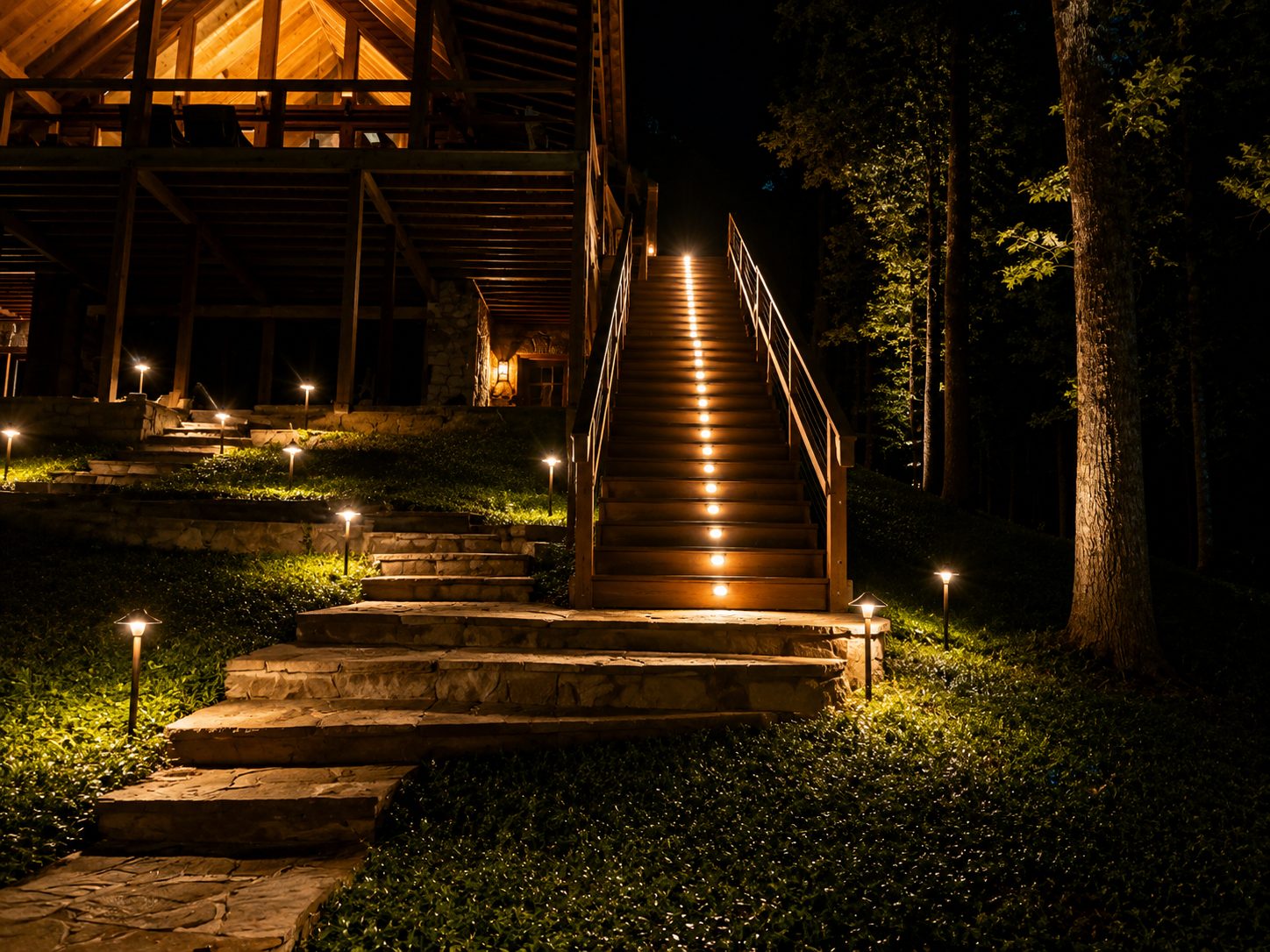 Wood stairs with warm tread lights beside a deck