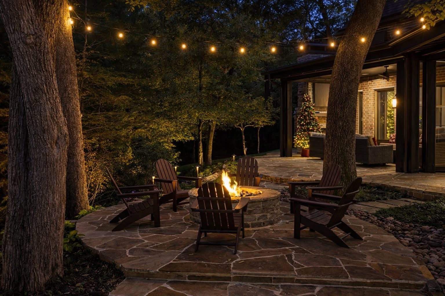 Fire pit and string lights under a tree canopy