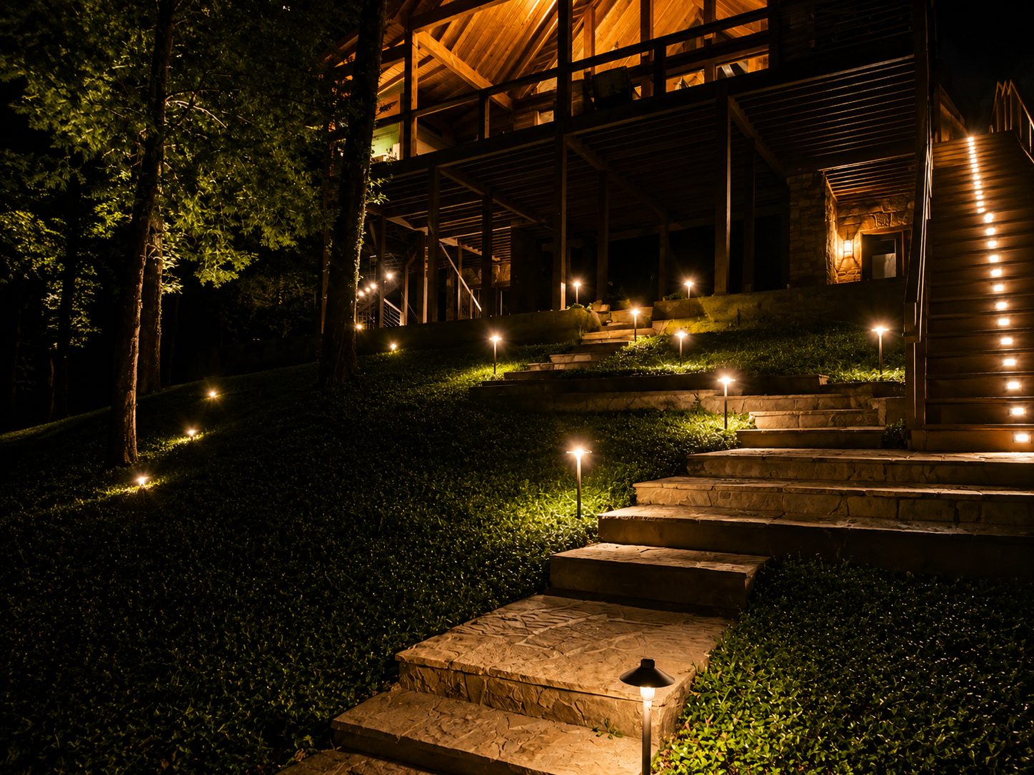 Flagstone path and steps toward a home, with tree uplighting