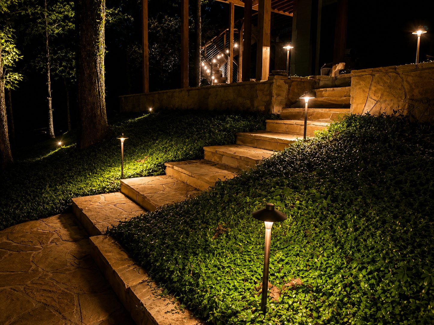 Path lights and steps through a landscaped yard