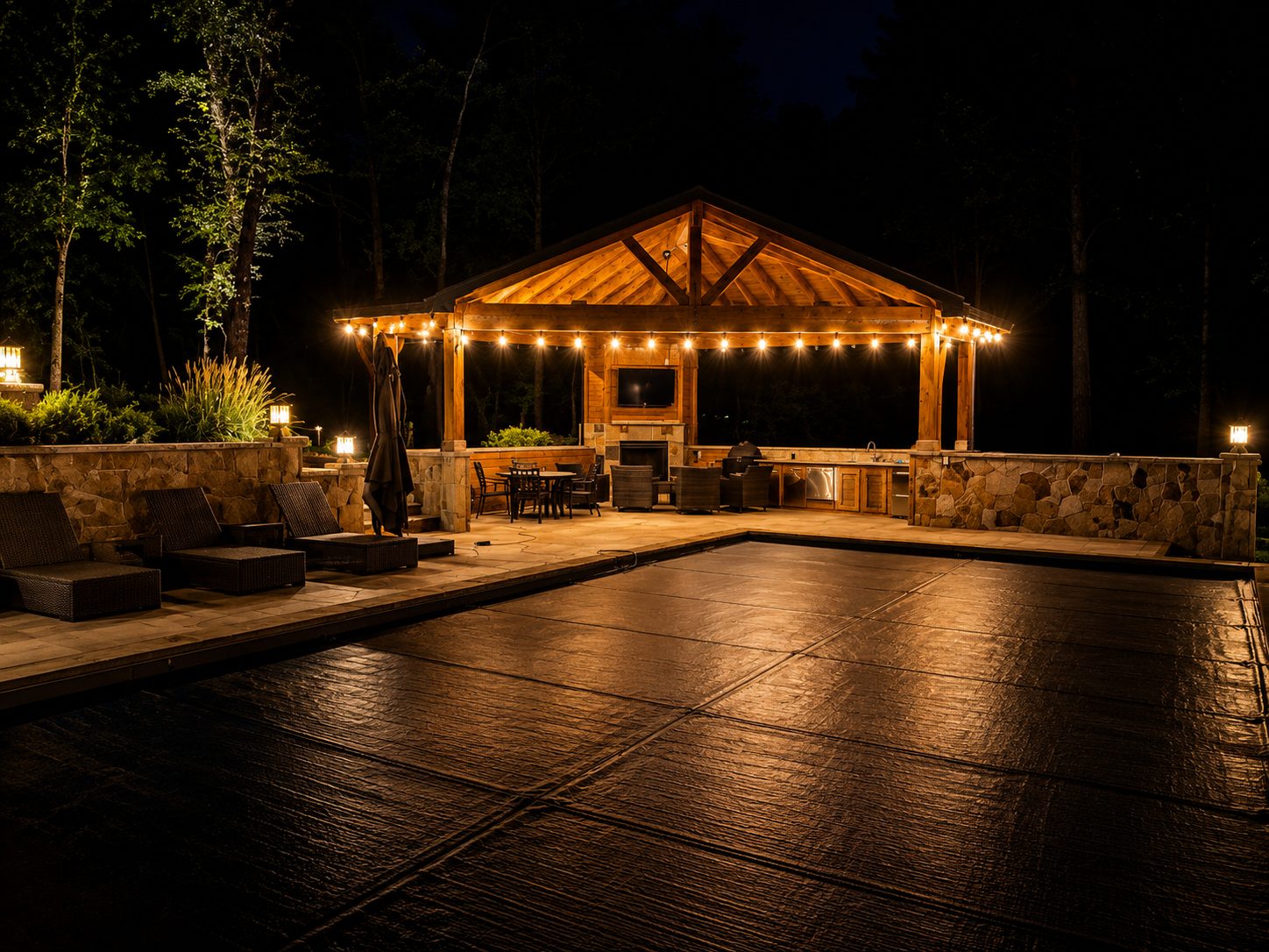 Pavilion and open court with warm string lights and path lights