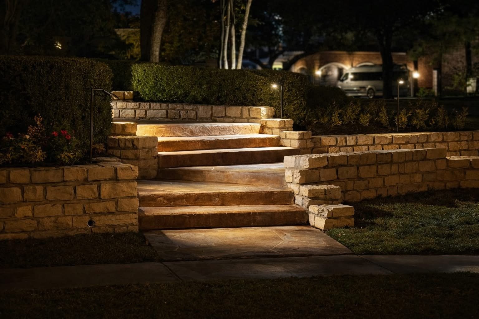 Closer stone steps at night with a hedge, a handrail, warm step lights, and path stakes