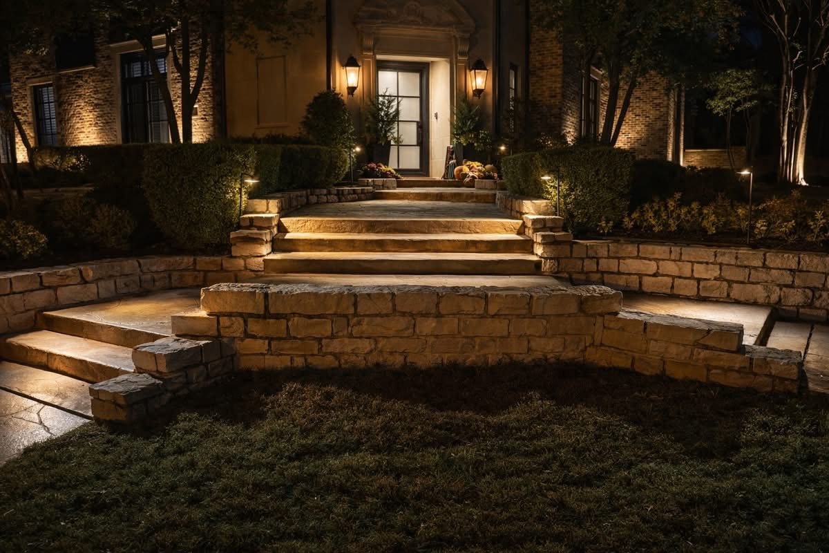 Wide stone steps at night with warm step lights, path stakes, hedges, and lanterns by a brick front door