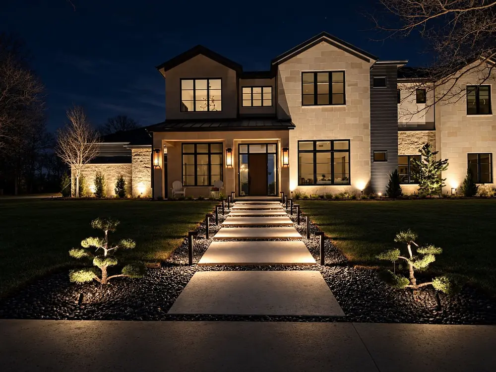 Straight front walk with inset lights leading to a modern home at night