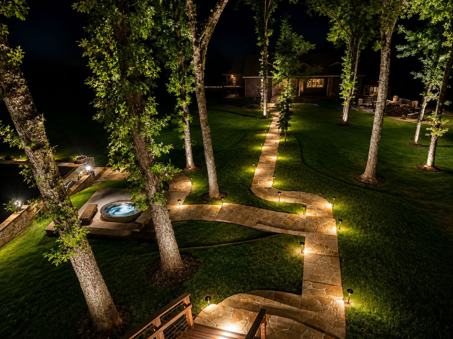 Winding flagstone path and steps with path lights, trees, and a small fountain