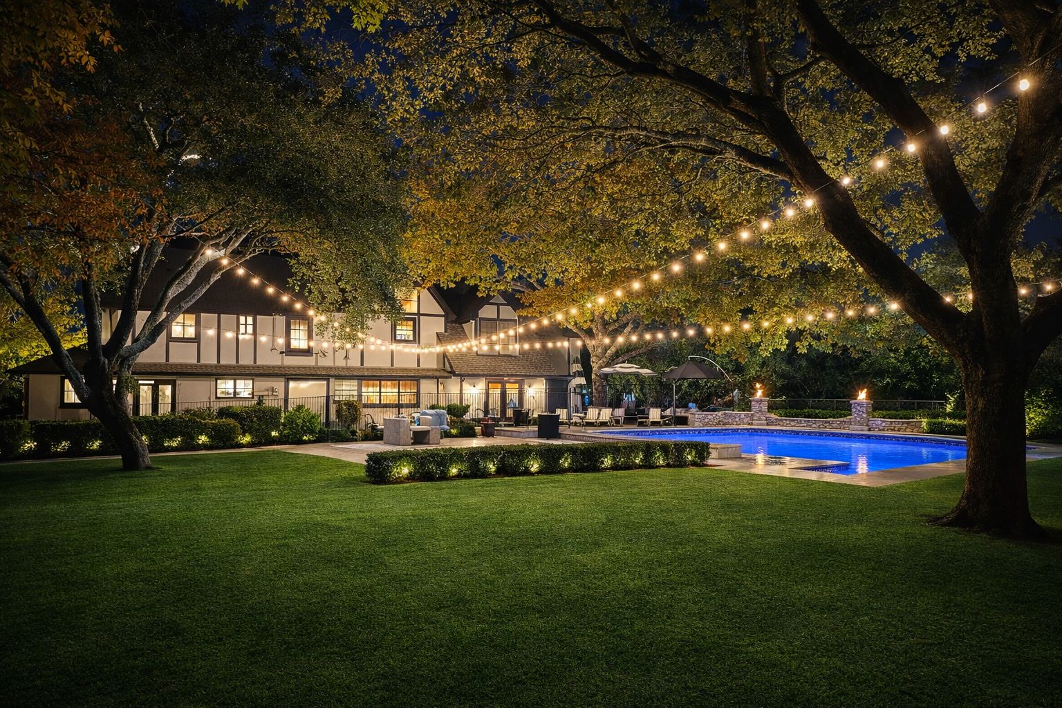 Backyard pool and covered patio under warm bistro lights in a large tree