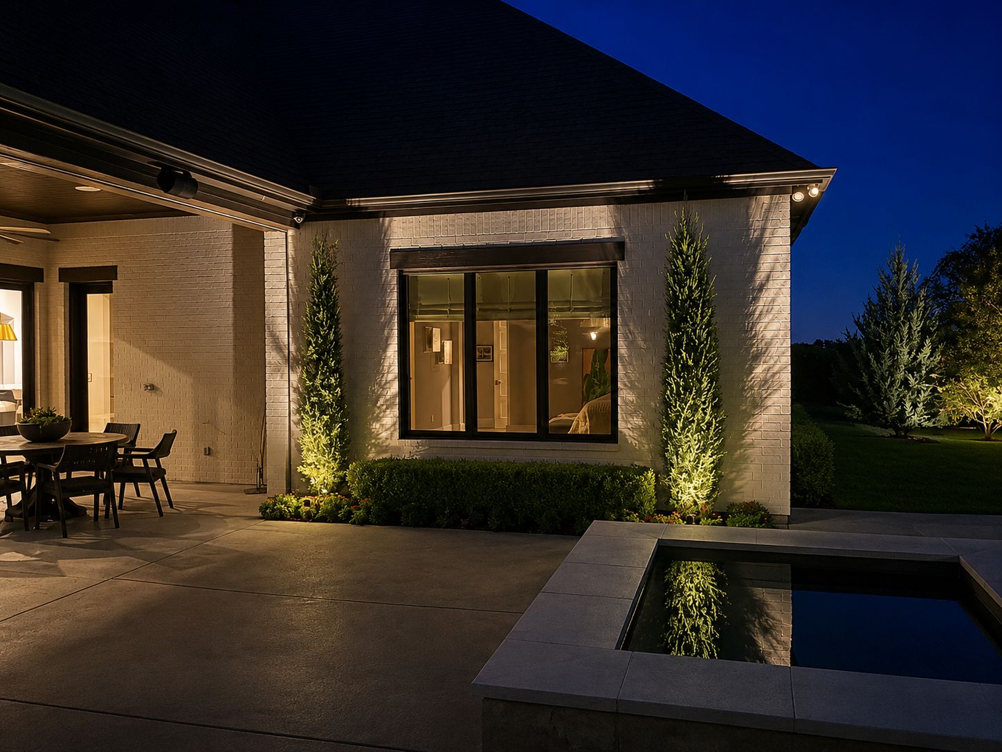 Covered patio beside a spa or small pool, with uplights on narrow evergreens