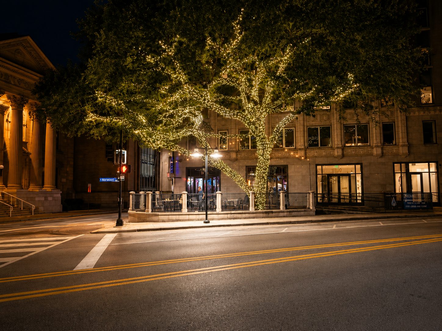 Large tree wrapped in warm white lights on a downtown street