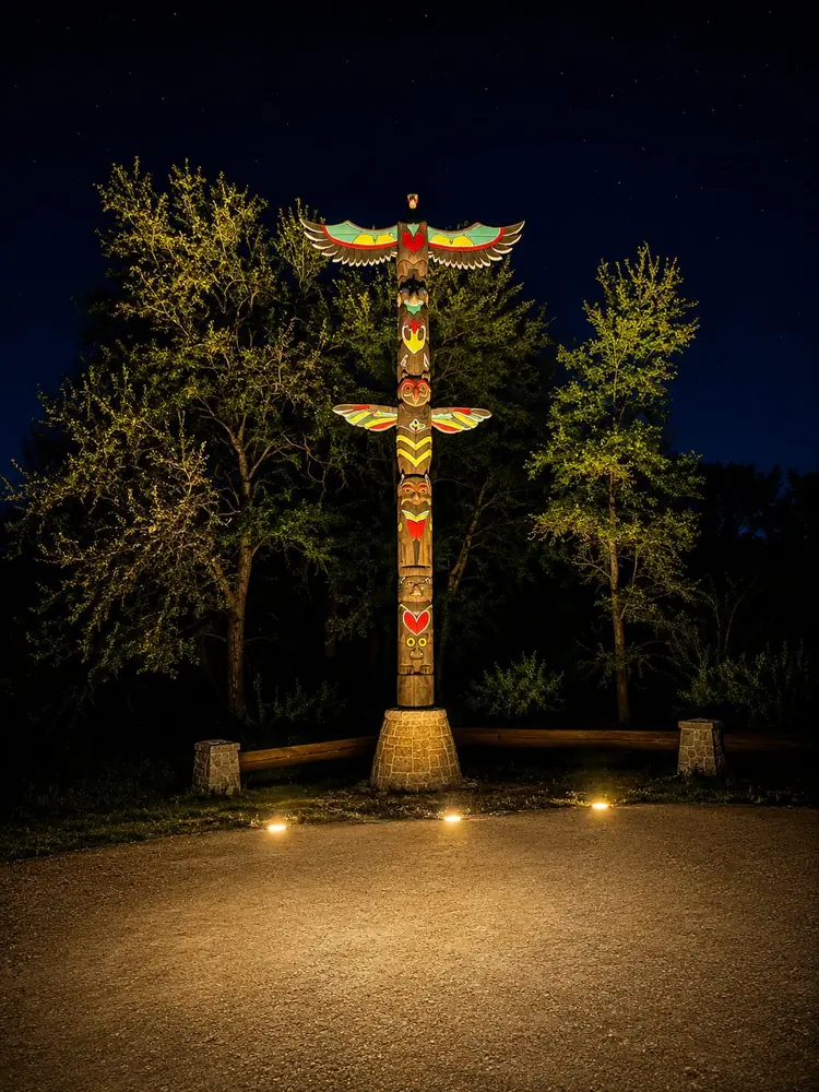 Special projects: a lit totem pole at night, with tree uplighting behind it