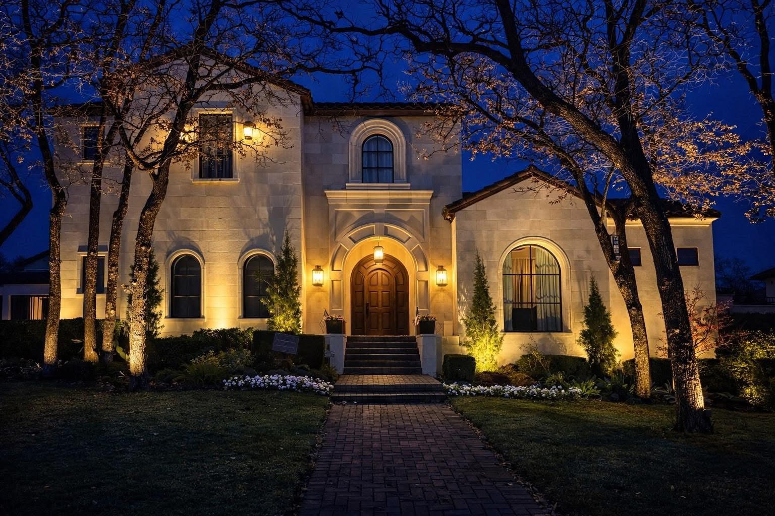 Stone entry at night with architectural lighting on the stone, an arched door, and tree uplighting