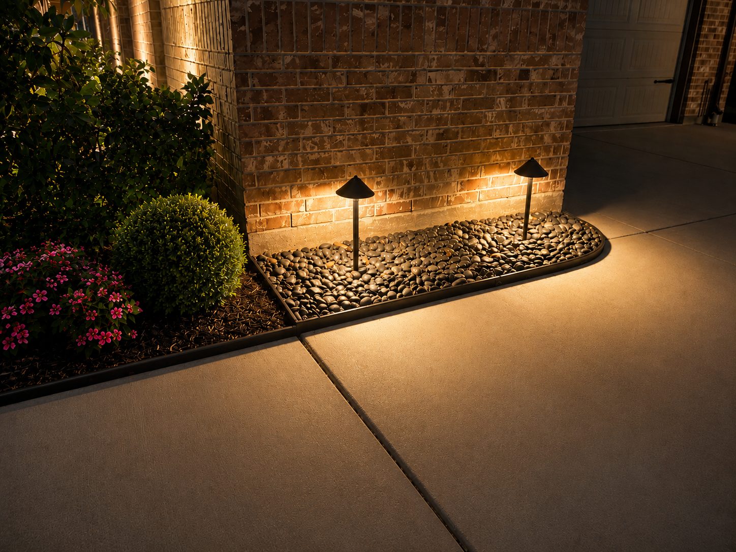 Path lights in a river-rock bed against brick, with pink flowers
