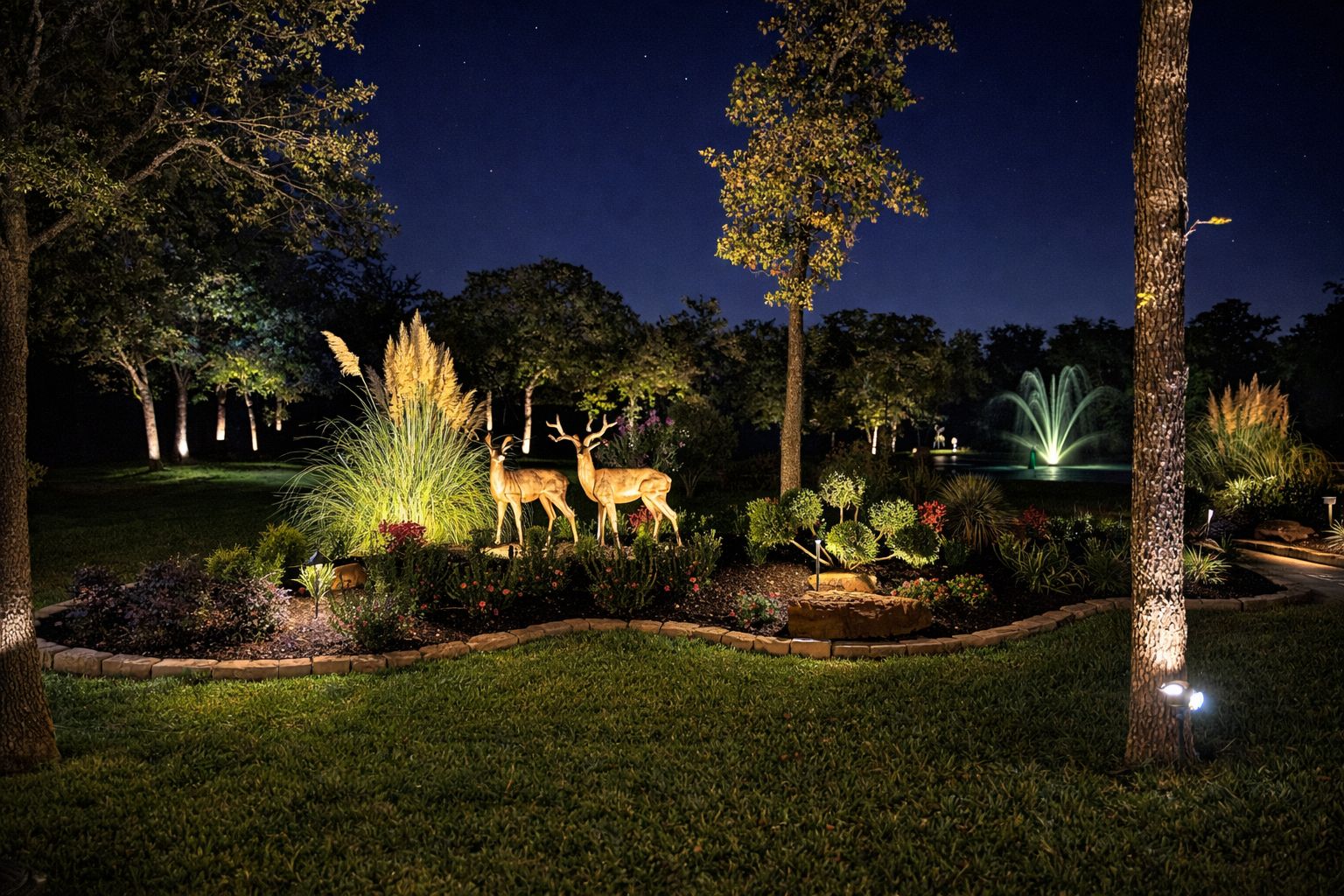 Curved planting bed with ornamental grass, a deer statue, and warm uplights