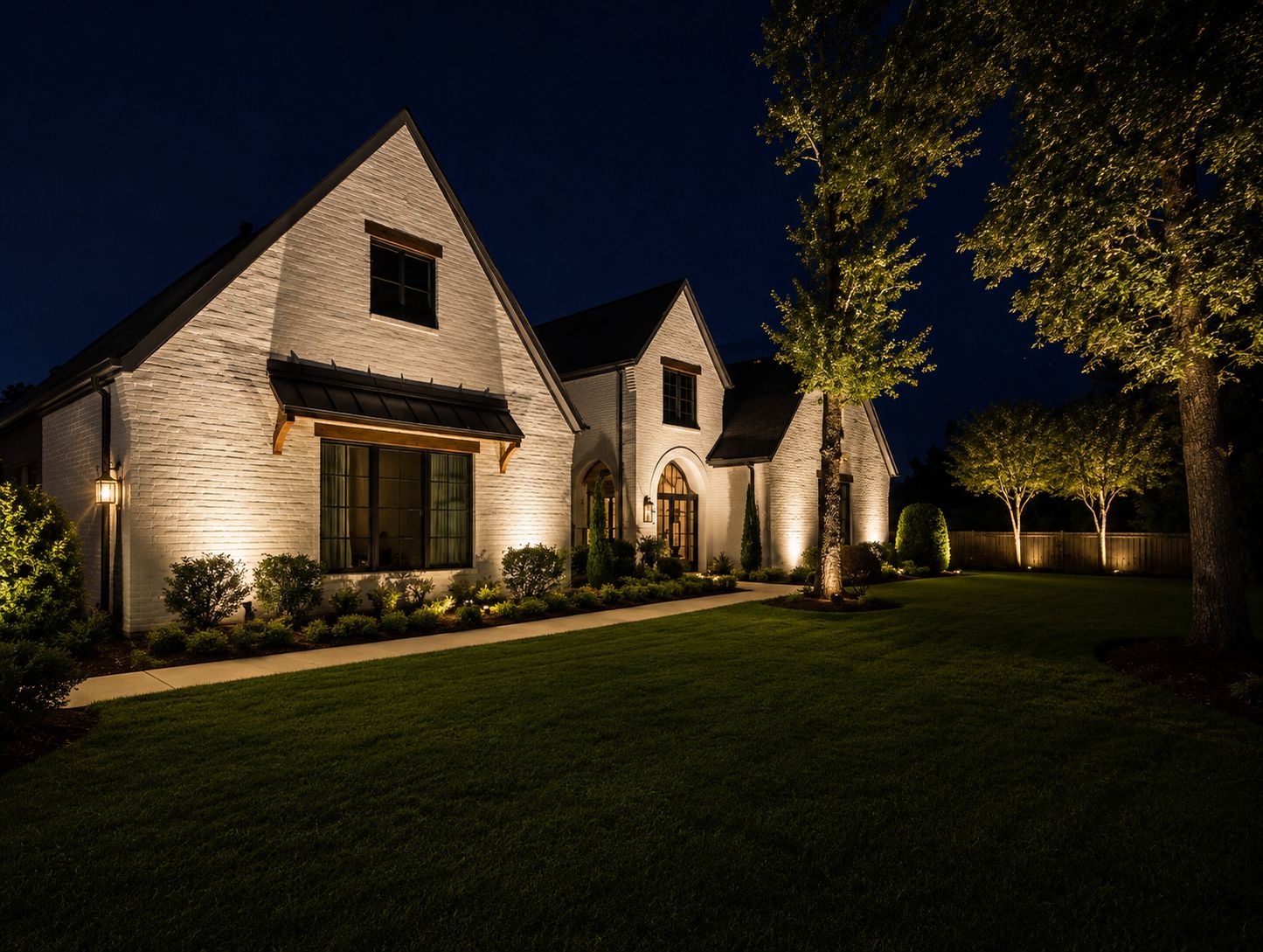 Angled night view of a white-brick gabled home with uplights and tree uplighting