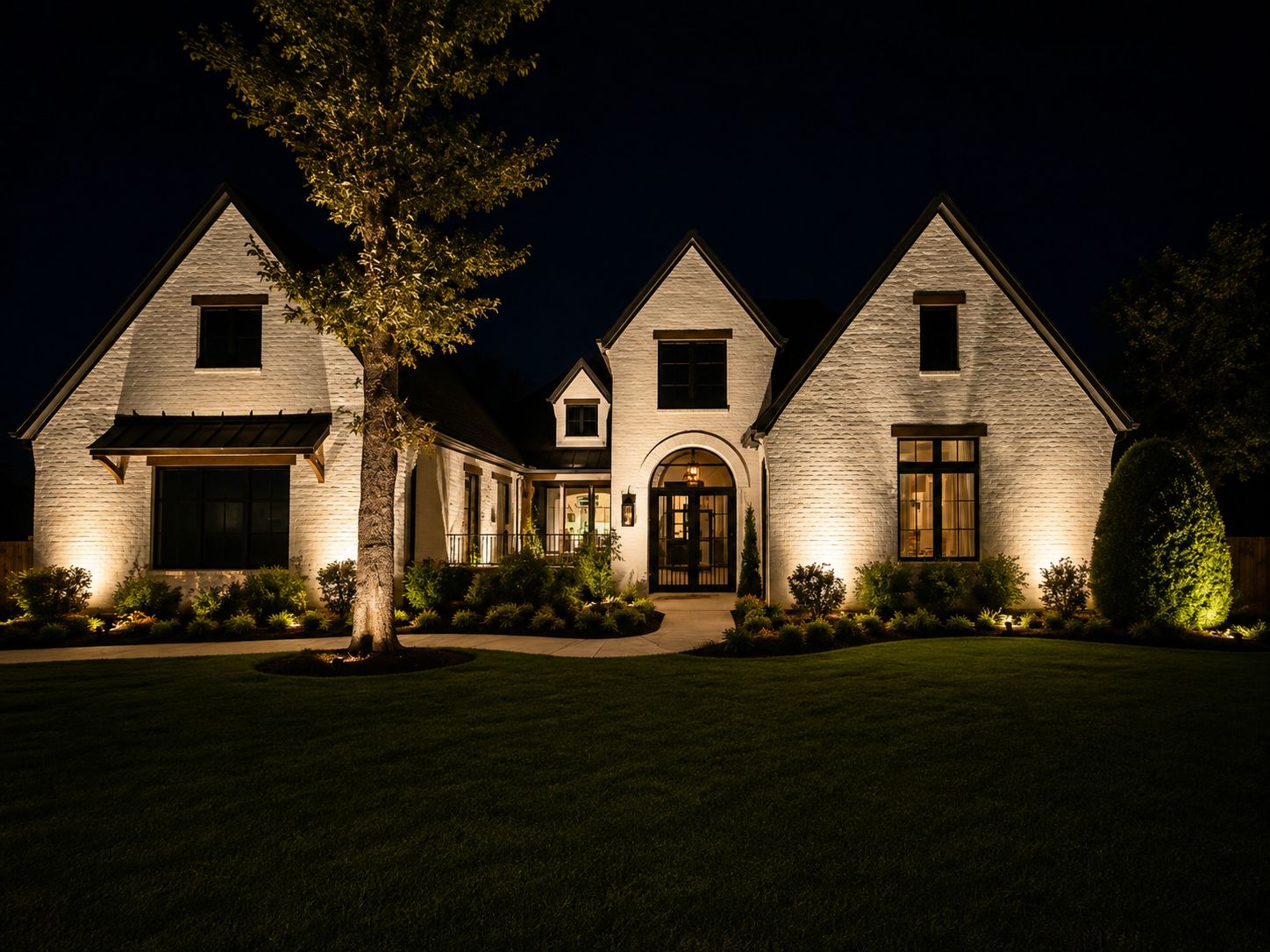 White-brick home with three front gables, warm uplighting, and a lit tree