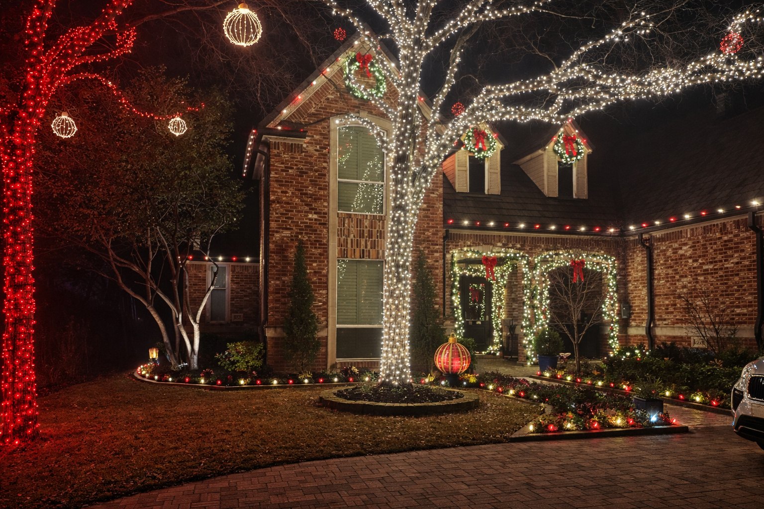 Brick home from the drive, with wrapped trees, wreaths, garland, and a red bow