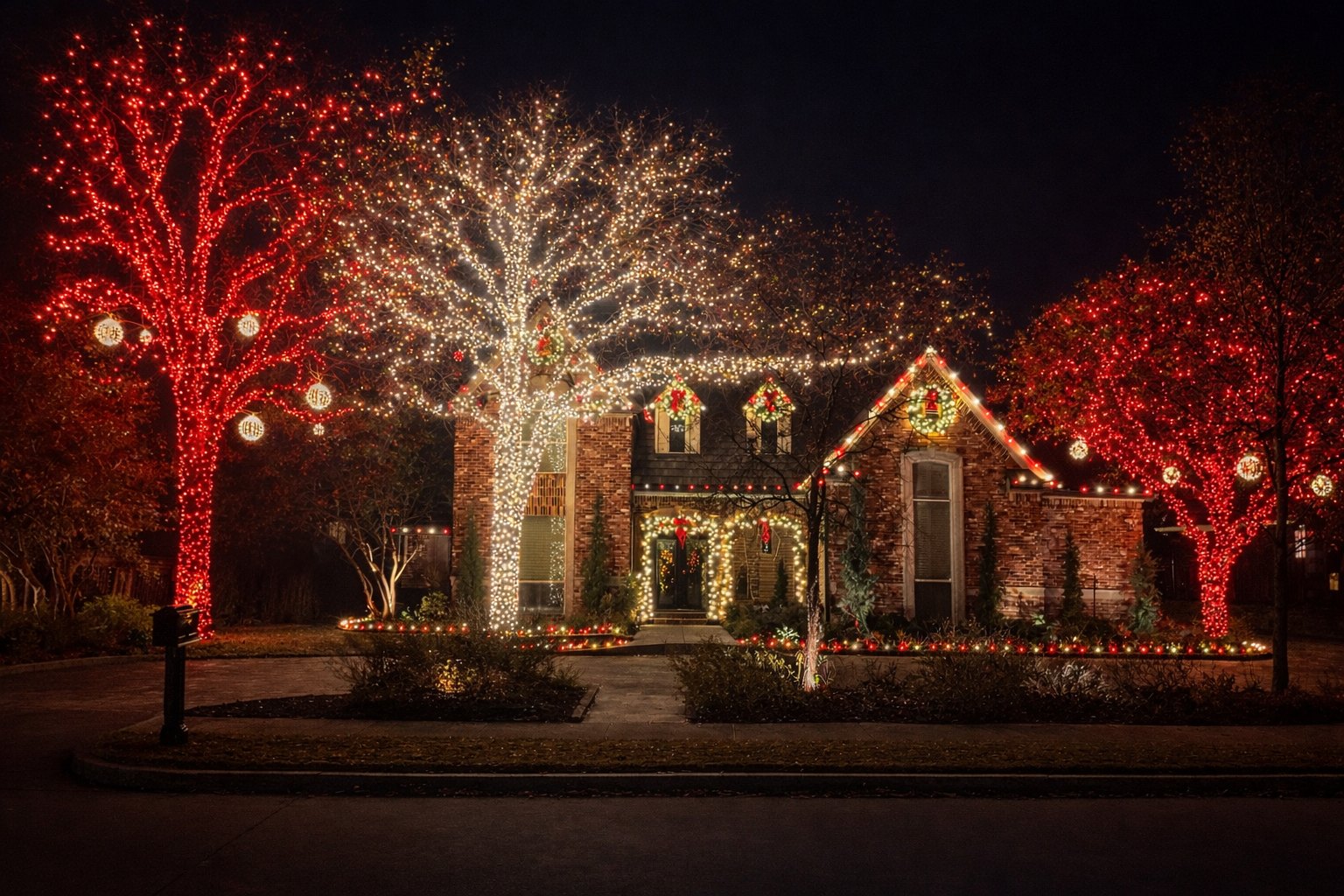 Brick home with red wrapped trees on each side and a white wrapped tree at the center