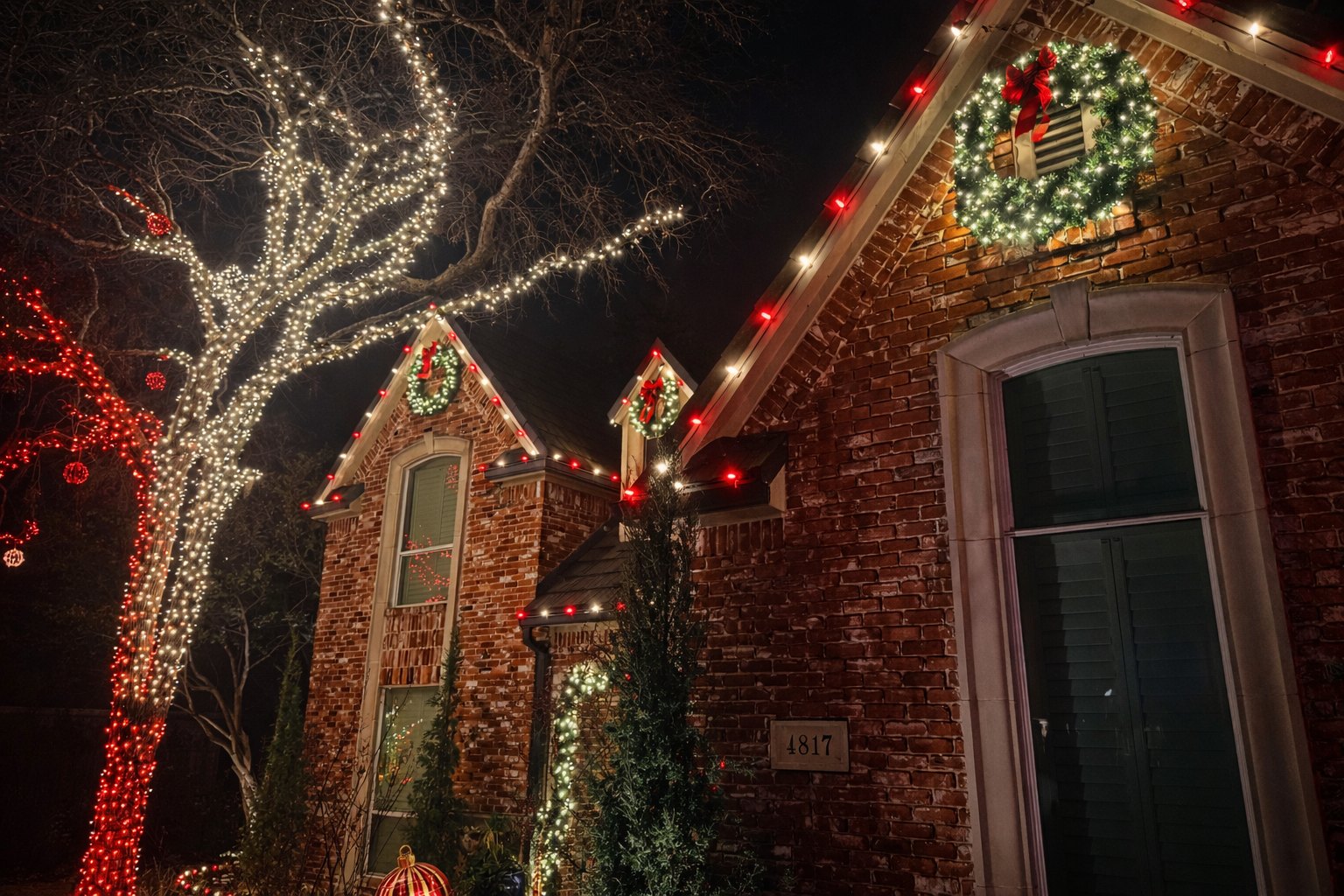 Brick home with a large wreath, a wrapped tree, and red and white Christmas lights