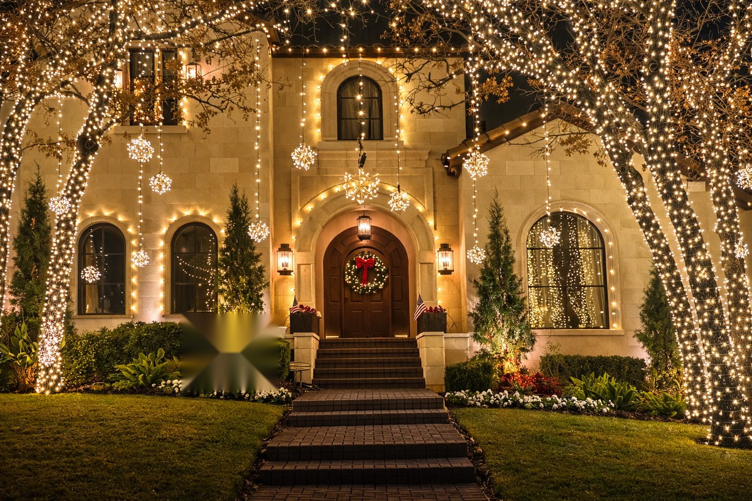 Christmas lighting at an arched entry, with a wreath and wrapped trees