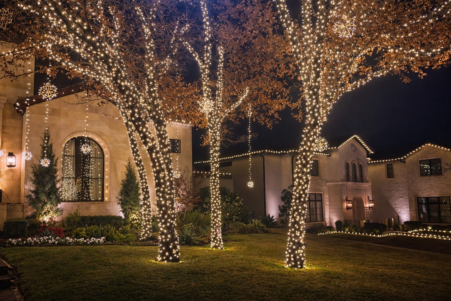 Wrapped trees with Christmas lighting in front of a stone home