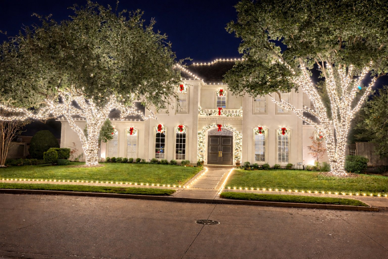 White two-story home with wrapped trees, red bows, and lights along the front walk