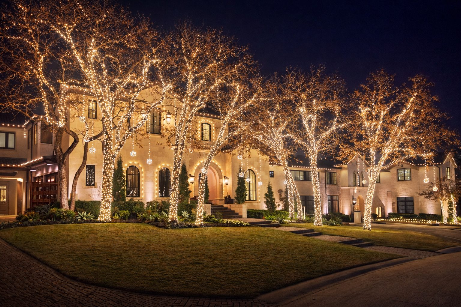Christmas lighting across the front of a stone home, with wrapped trees